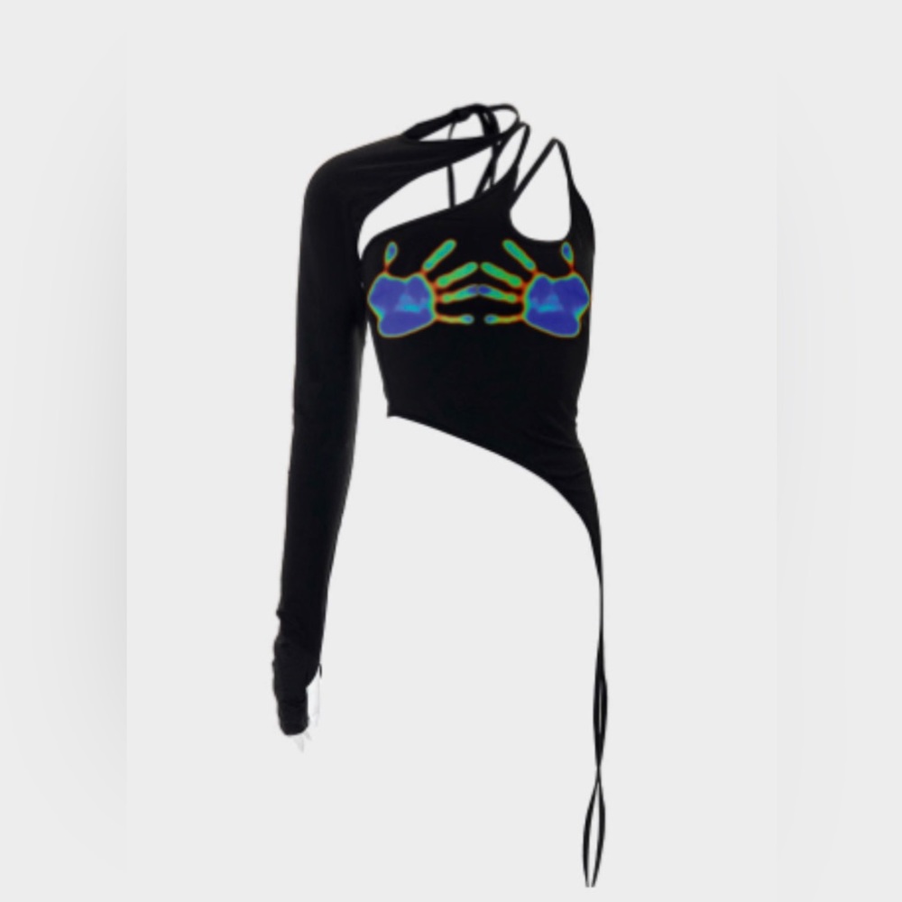 Black halter one shoulder finger sleeve vest top thermal palms